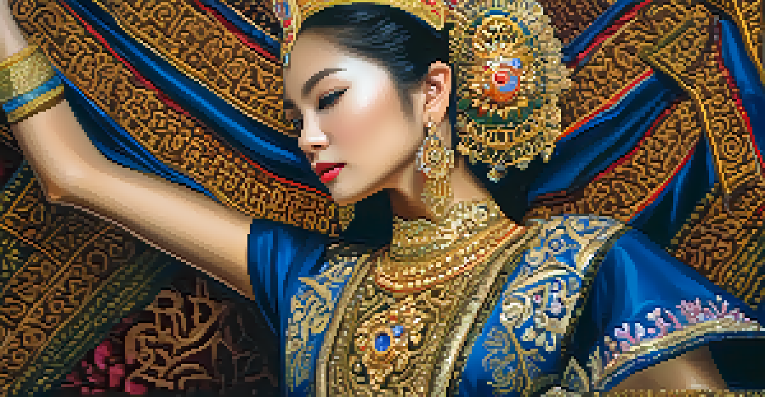 A close-up of an intricately designed Thai dance costume, highlighting the vibrant colors and detailed embroidery.