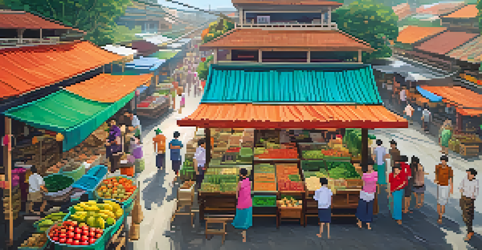 An aerial view of a colorful Thai market with fresh fruits, vegetables, and busy shoppers.