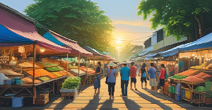A bustling weekend market in Thailand with colorful stalls, shoppers, and vendors, set against a golden sunset.