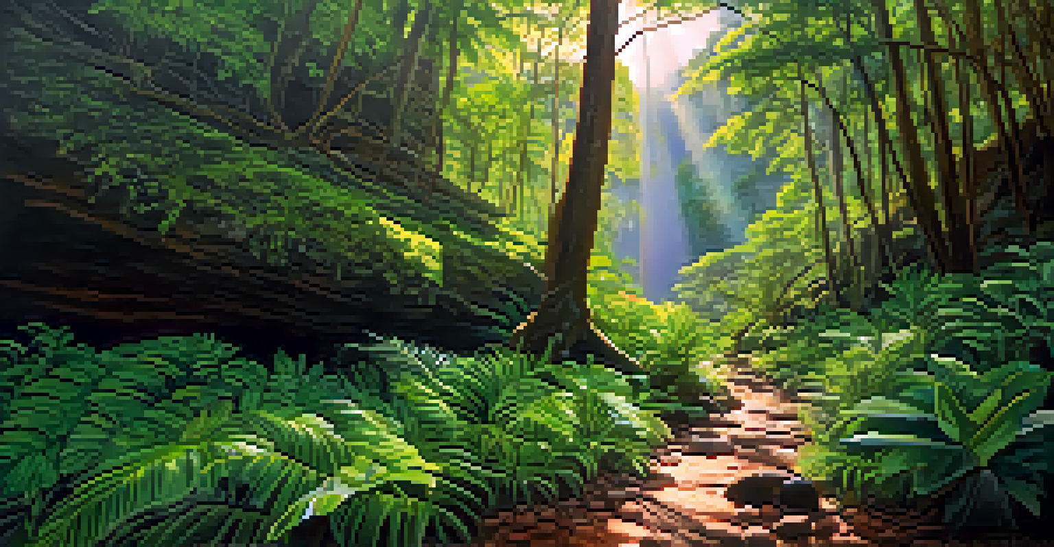 A hiking trail through a lush rainforest leading to the Emerald Pools in Thailand, with sunlight filtering through the trees.