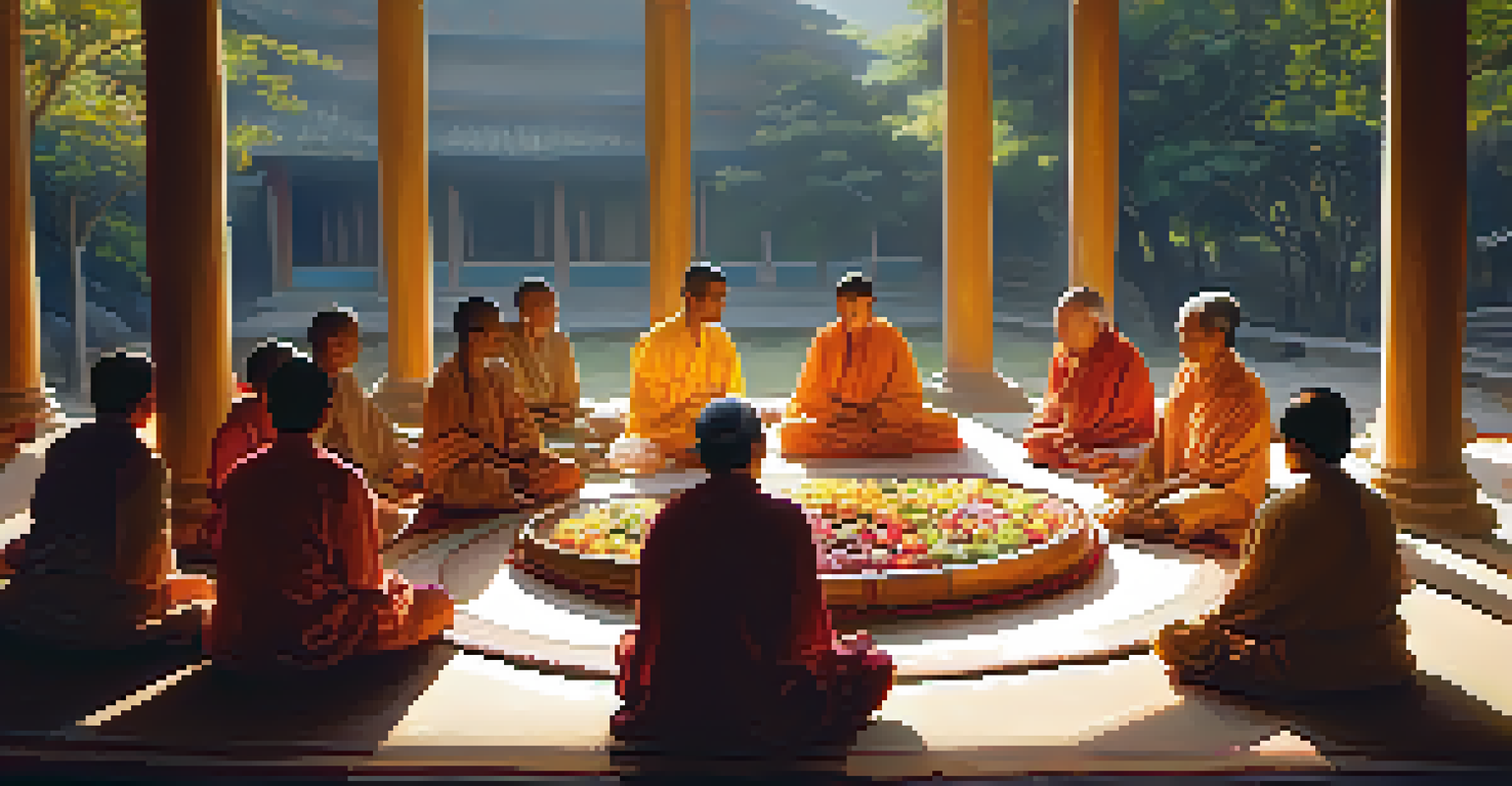 A diverse group of people meditating together in a temple, surrounded by offerings, with sunlight filtering through the windows, creating a serene atmosphere.