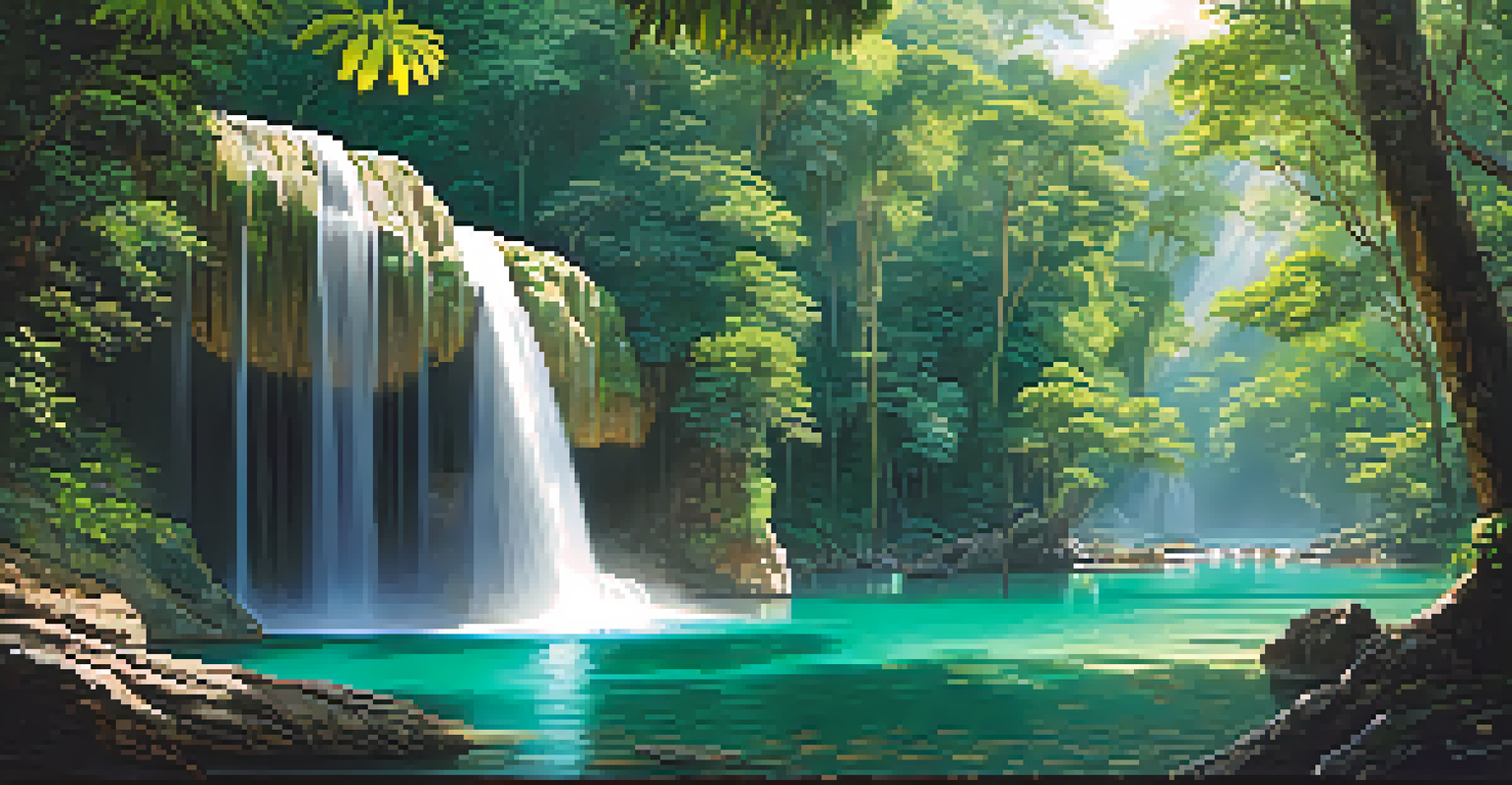 A beautiful view of Erawan National Park's seven-tiered waterfalls, with turquoise waters and surrounding lush greenery illuminated by sunlight.