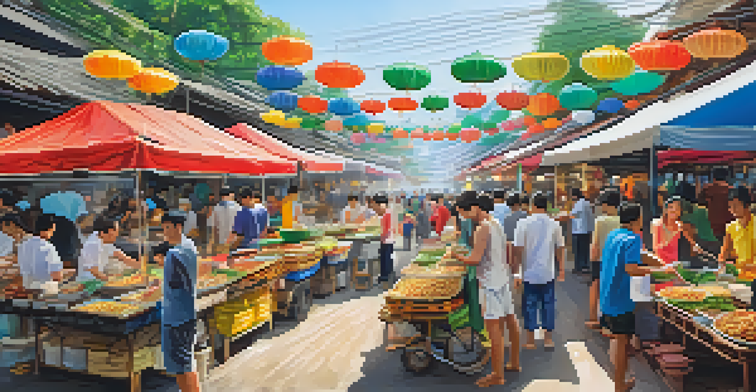 A lively outdoor food market during Songkran, featuring various traditional Thai dishes and colorful stalls filled with fresh ingredients.