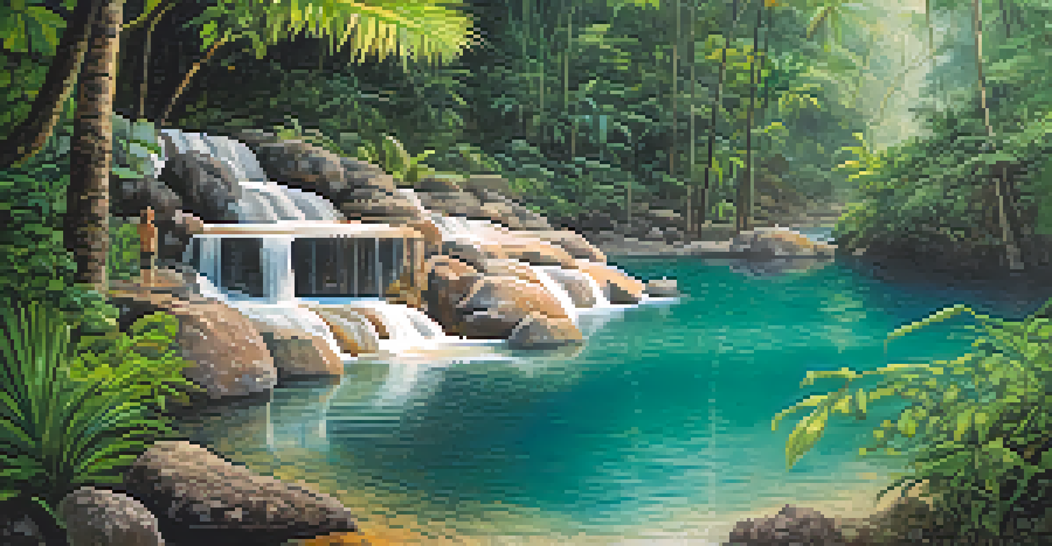 A tranquil hot spring surrounded by jungle foliage in Pai, with a person relaxing in the warm waters.