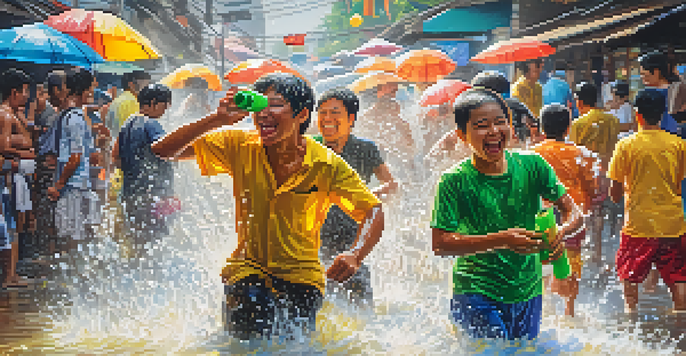 A lively scene of people celebrating Songkran, joyfully splashing water at each other under the sun, with colorful decorations and water guns.