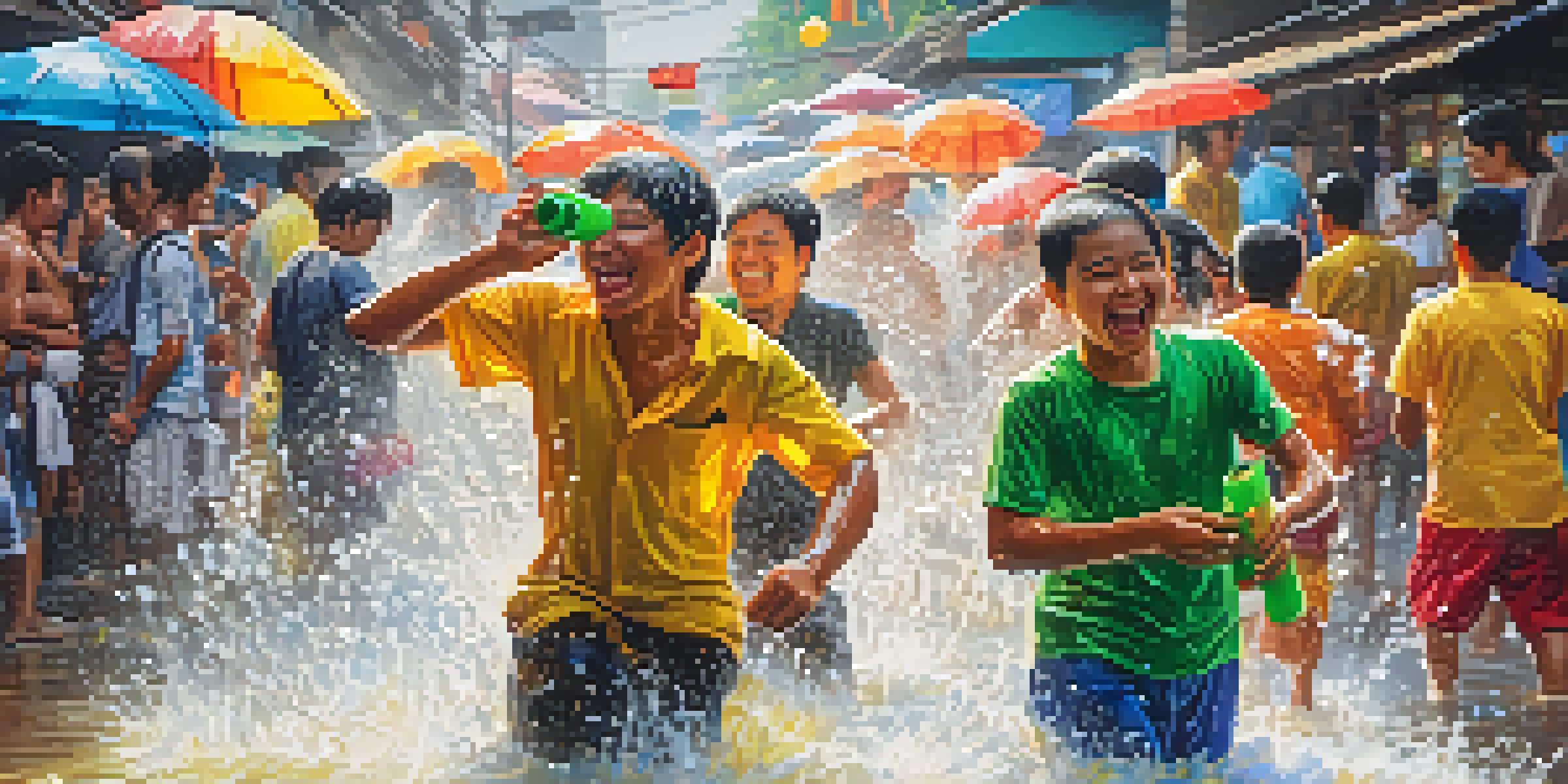 A lively scene of people celebrating Songkran, joyfully splashing water at each other under the sun, with colorful decorations and water guns.