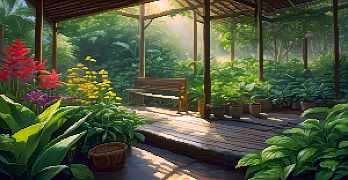 A tranquil garden filled with Thai herbs and plants, with sunlight filtering through the trees and a wooden bench in the foreground.