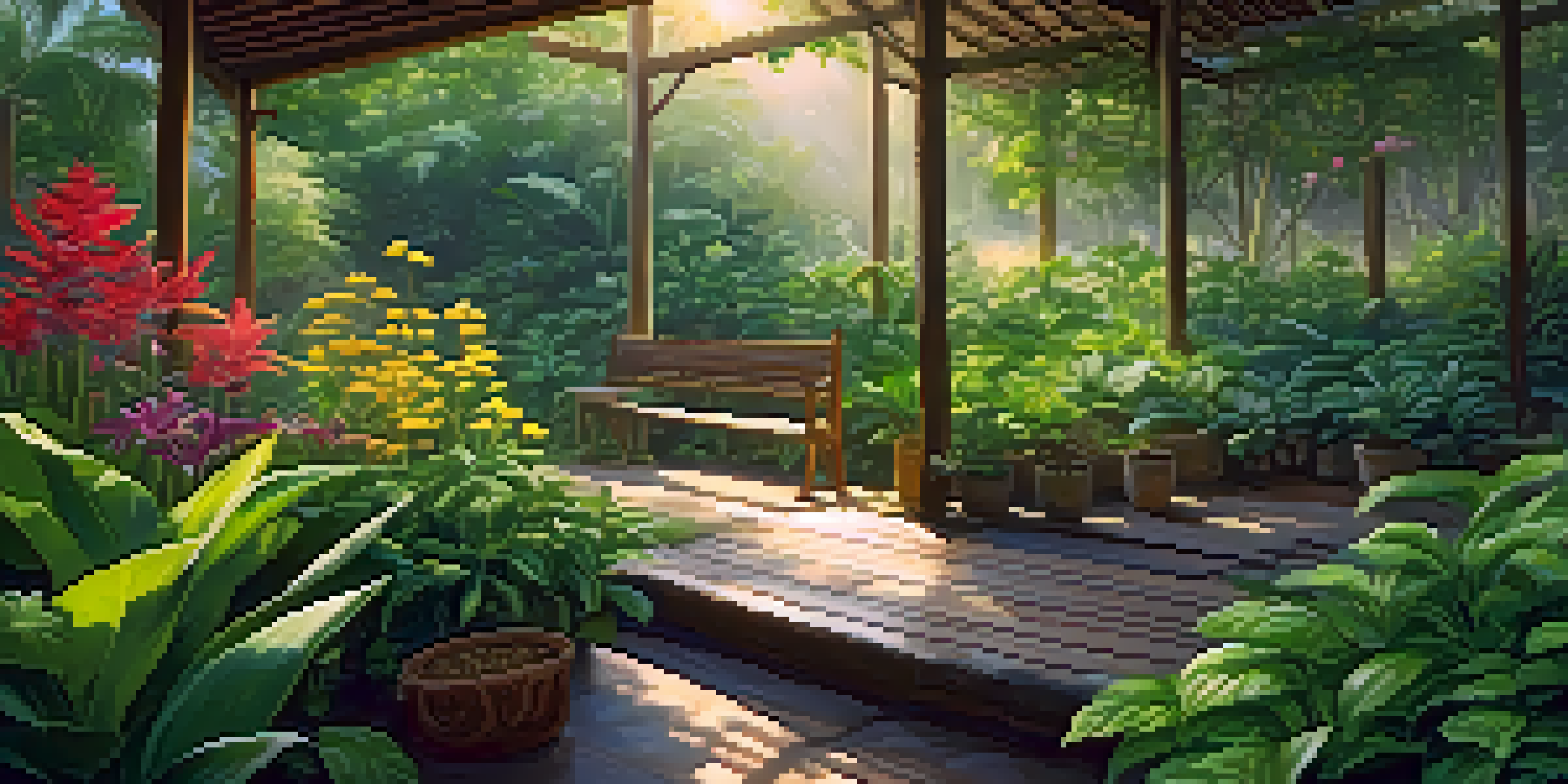 A tranquil garden filled with Thai herbs and plants, with sunlight filtering through the trees and a wooden bench in the foreground.