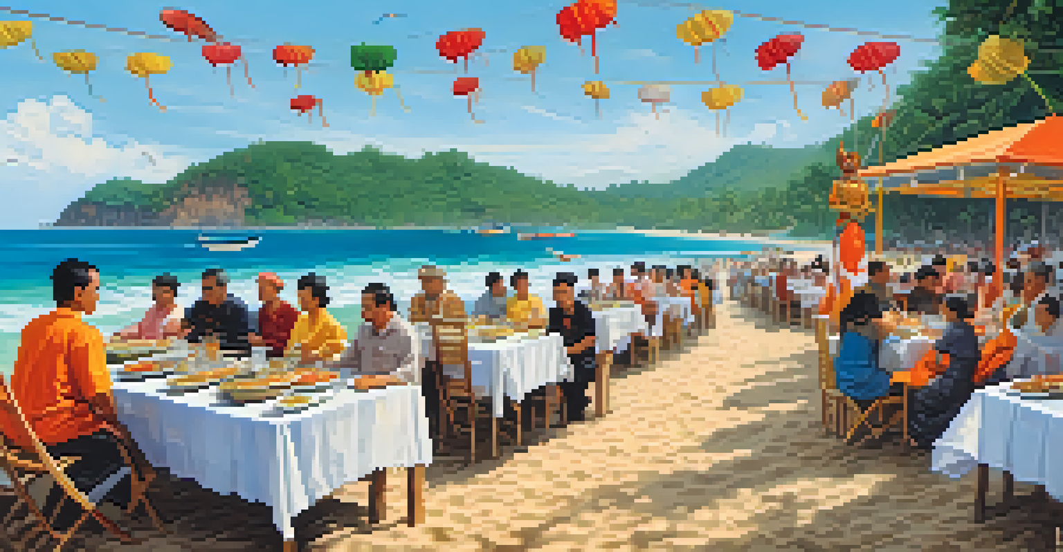 A beachside seafood festival in Phuket with a variety of seafood dishes displayed on a table and cultural performances in the background.