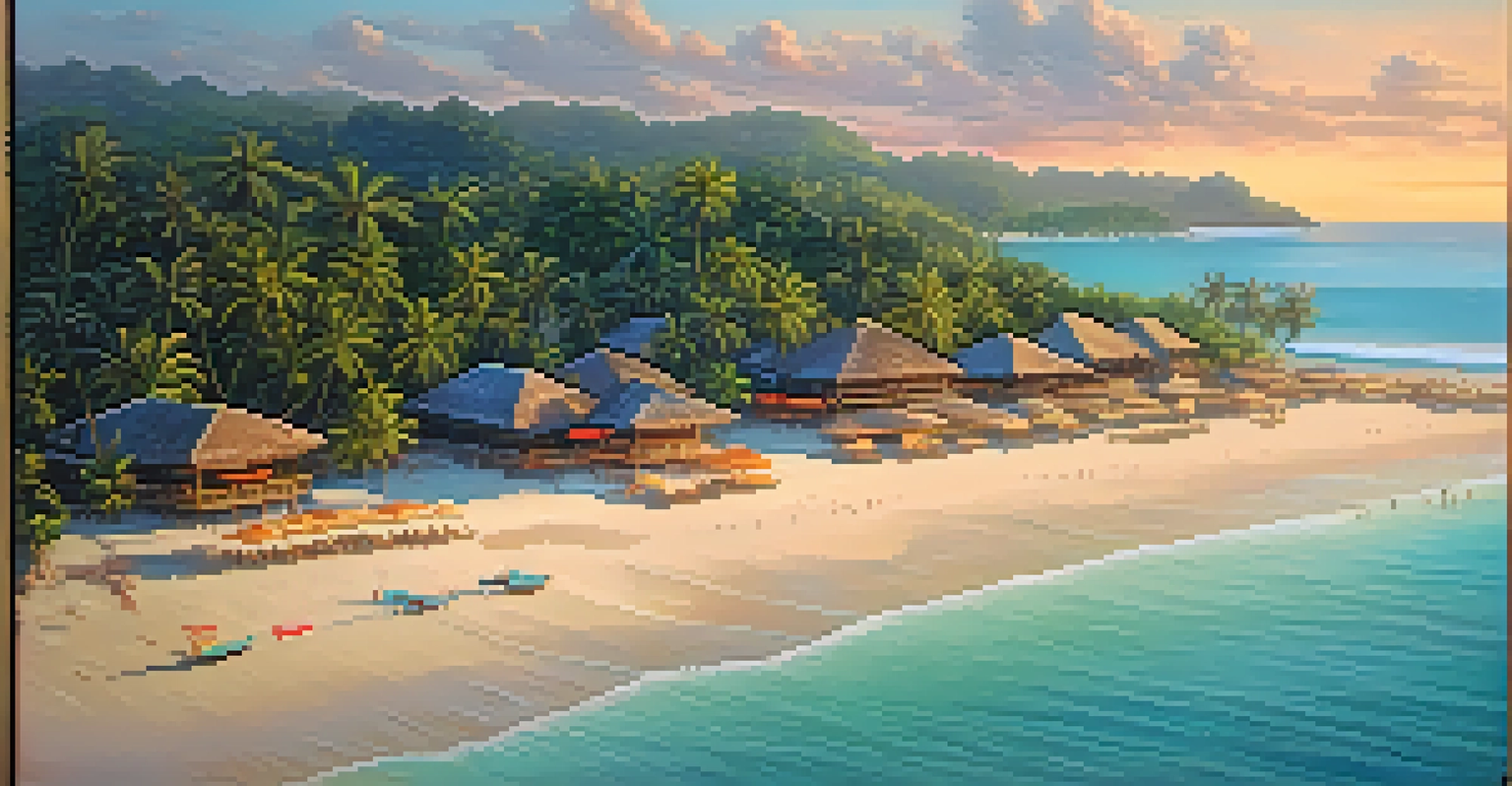 Aerial view of Bang Po Beach featuring soft sands, palm trees, turquoise ocean, and beach bars during sunset.