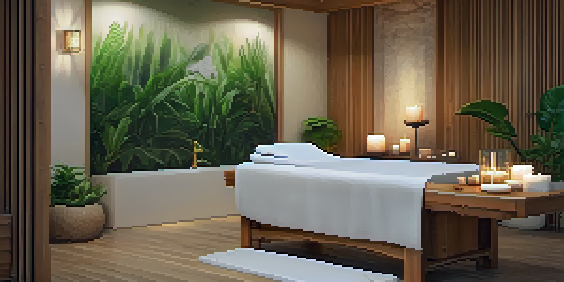 A peaceful spa room with soft lighting and natural materials, featuring a massage table and plants.