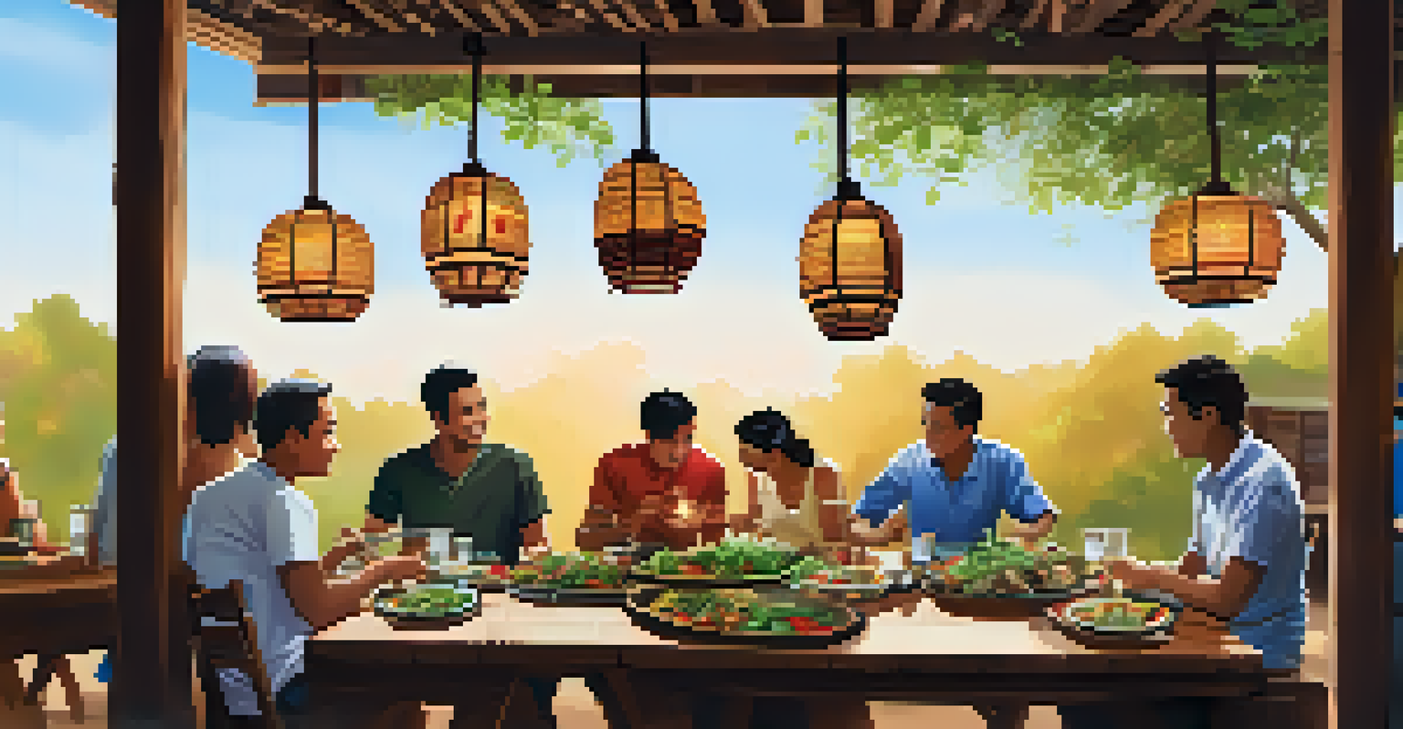 An outdoor communal dining scene featuring a long table with various traditional Isaan dishes and people enjoying their meal together.