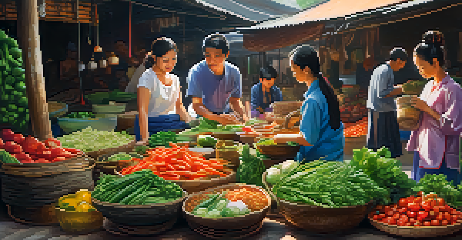 A Thai family selecting fresh ingredients at a colorful market, surrounded by vibrant produce and market stalls.