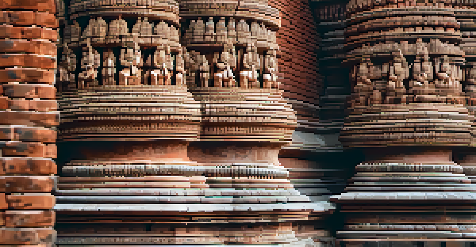 Close-up of intricate carvings on a prang of Wat Chaiwatthanaram, showcasing detailed craftsmanship and red brick texture.
