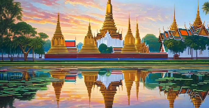 A scenic view of Wat Phra Kaew temple at dawn with golden stupas and colorful mosaics reflected in water.