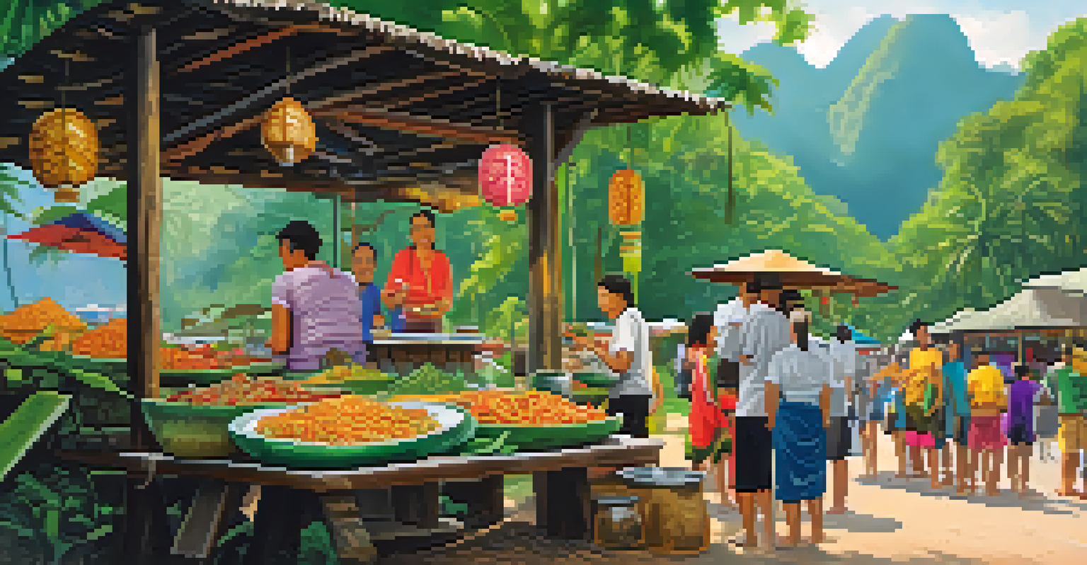 A food stall offering delicious Thai dishes at a hiking trail entrance in Khao Sok National Park, with hikers interacting with a local vendor.