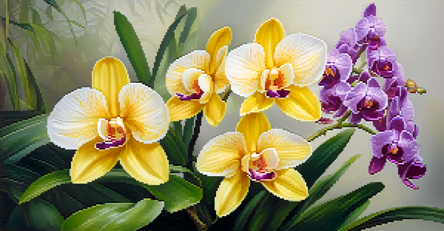 A close-up of colorful Thai orchids in bloom, showcasing intricate patterns and delicate petals against a blurred green background.