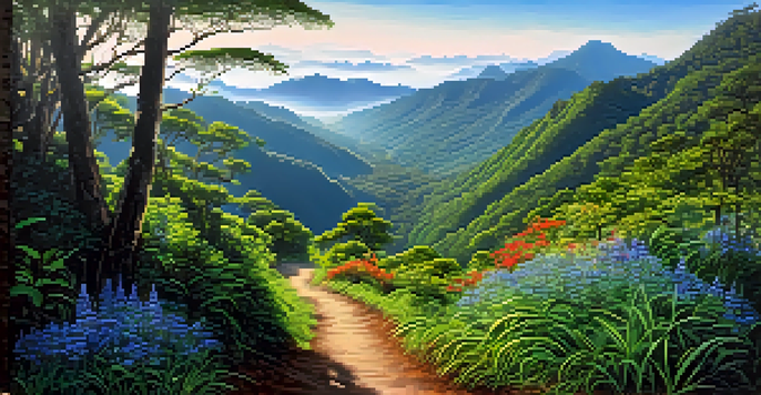A scenic view of mountains and wildflowers in Doi Inthanon National Park, Thailand, with a clear blue sky and sunlight filtering through trees.