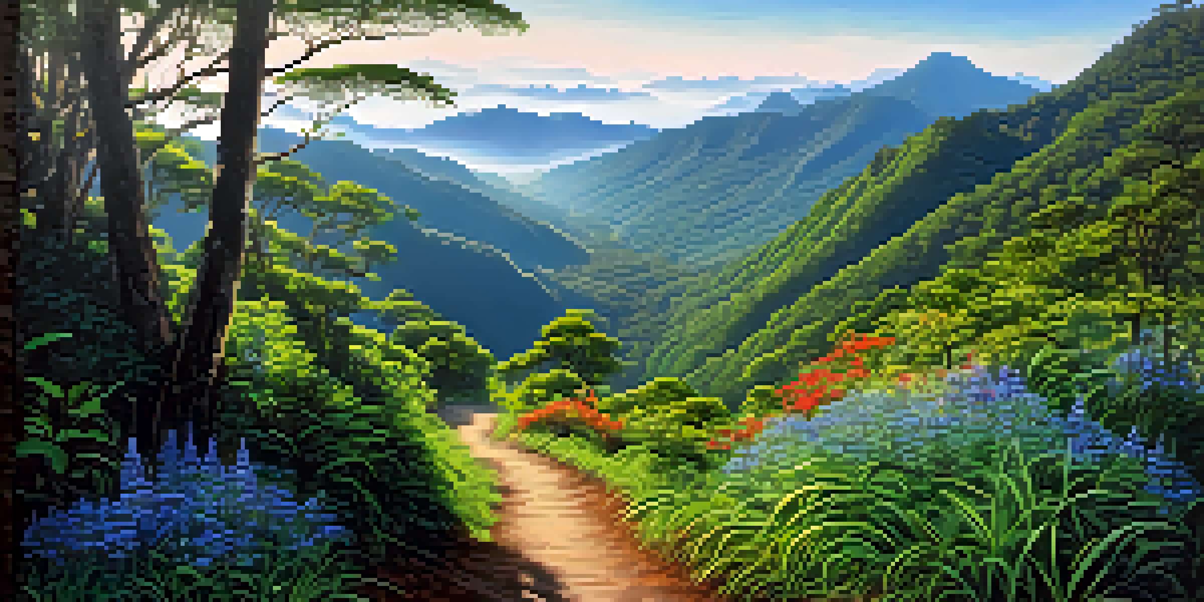 A scenic view of mountains and wildflowers in Doi Inthanon National Park, Thailand, with a clear blue sky and sunlight filtering through trees.