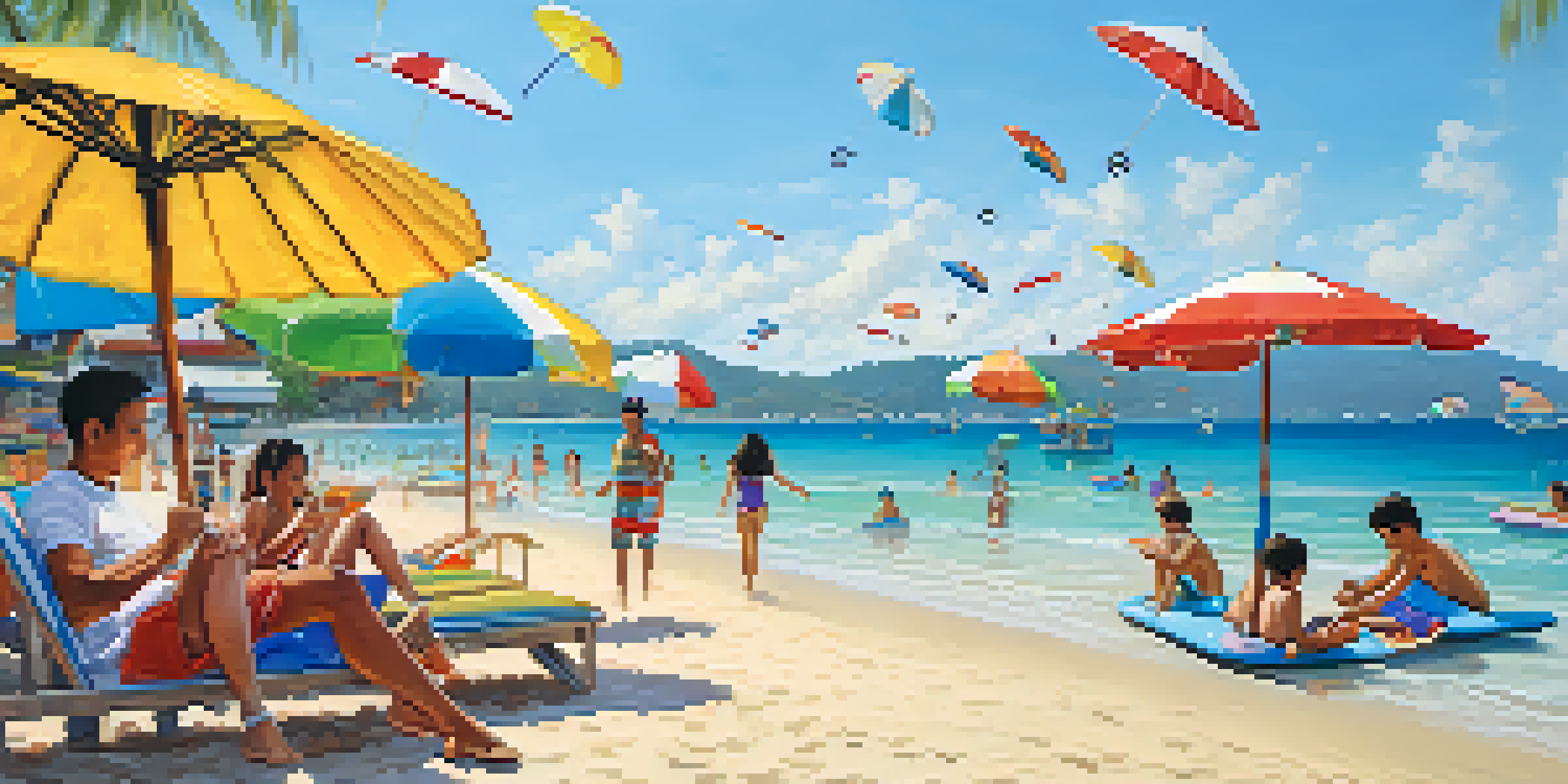 Families enjoying water sports and playing at Patong Beach with a bright blue sky and sandy beach.