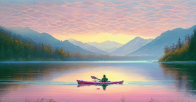 A kayaker paddling on a calm lake at dawn, surrounded by misty mountains and colorful reflections on the water.