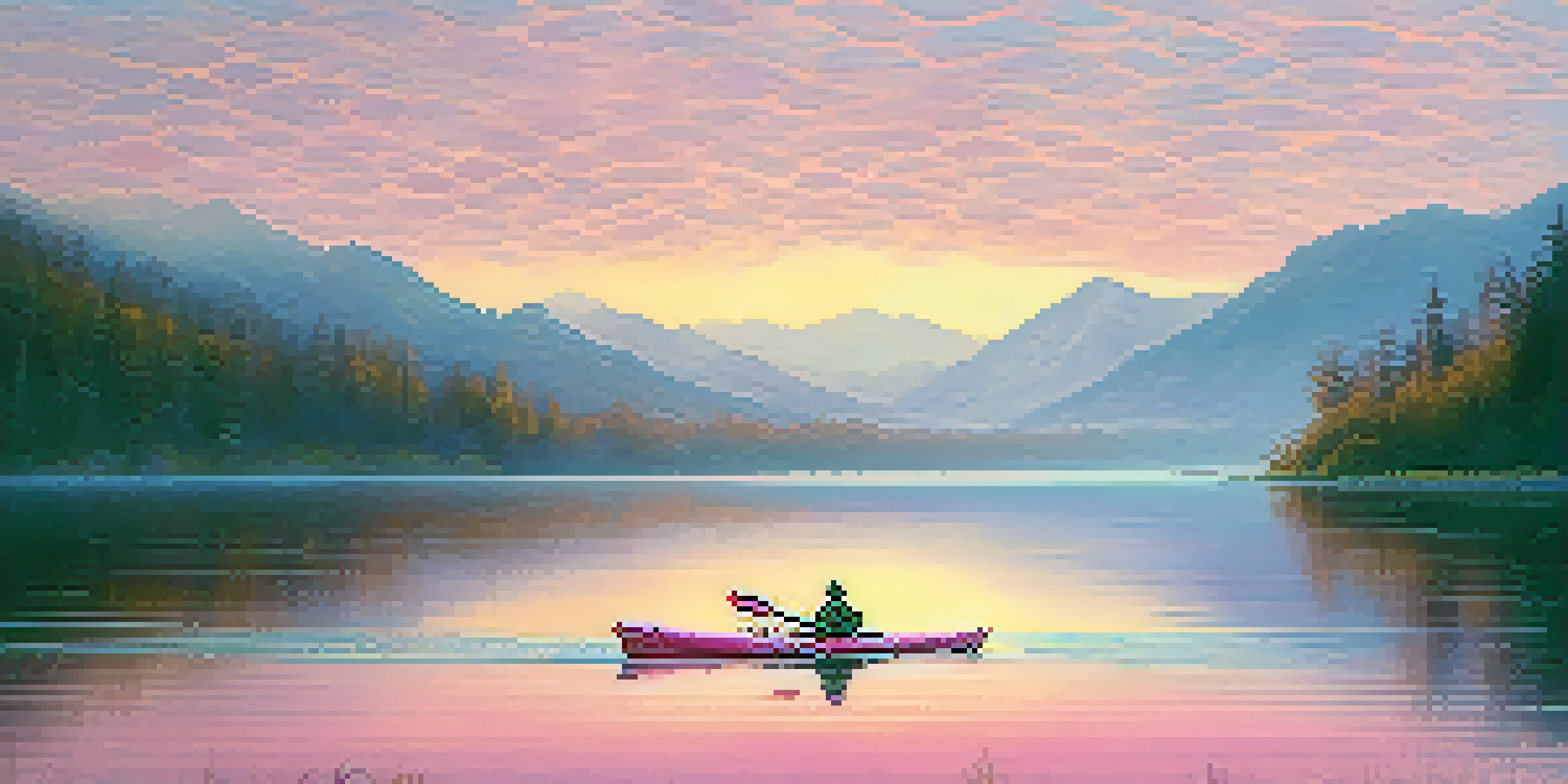A kayaker paddling on a calm lake at dawn, surrounded by misty mountains and colorful reflections on the water.