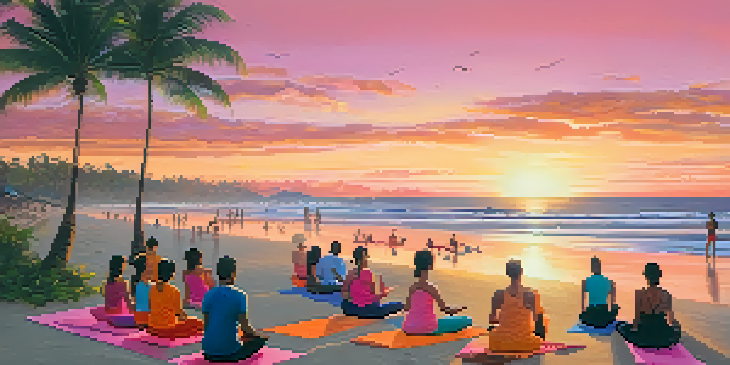 A tranquil beach in Bali at sunset, featuring a yoga class on the sand with palm trees and vibrant sky colors.