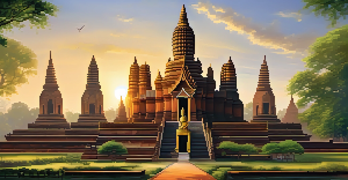 A peaceful morning view of the Wat Mahathat temple in Sukhothai Historical Park, featuring a large seated Buddha statue and smaller stupas, with soft sunlight and greenery.