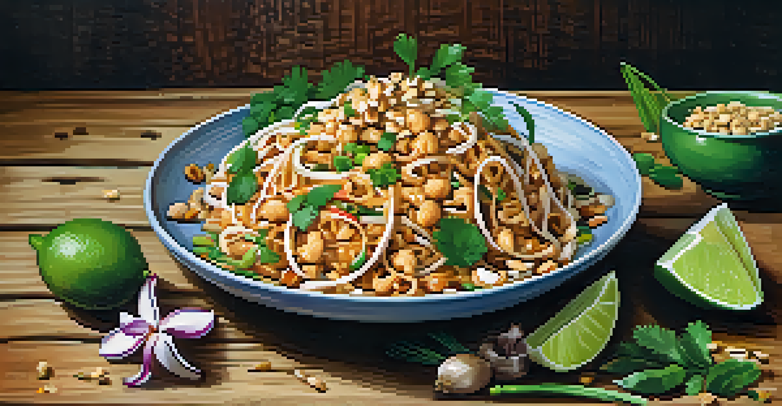 A colorful plate of Pad Thai garnished with peanuts and lime on a rustic wooden table, showcasing the vibrant ingredients.