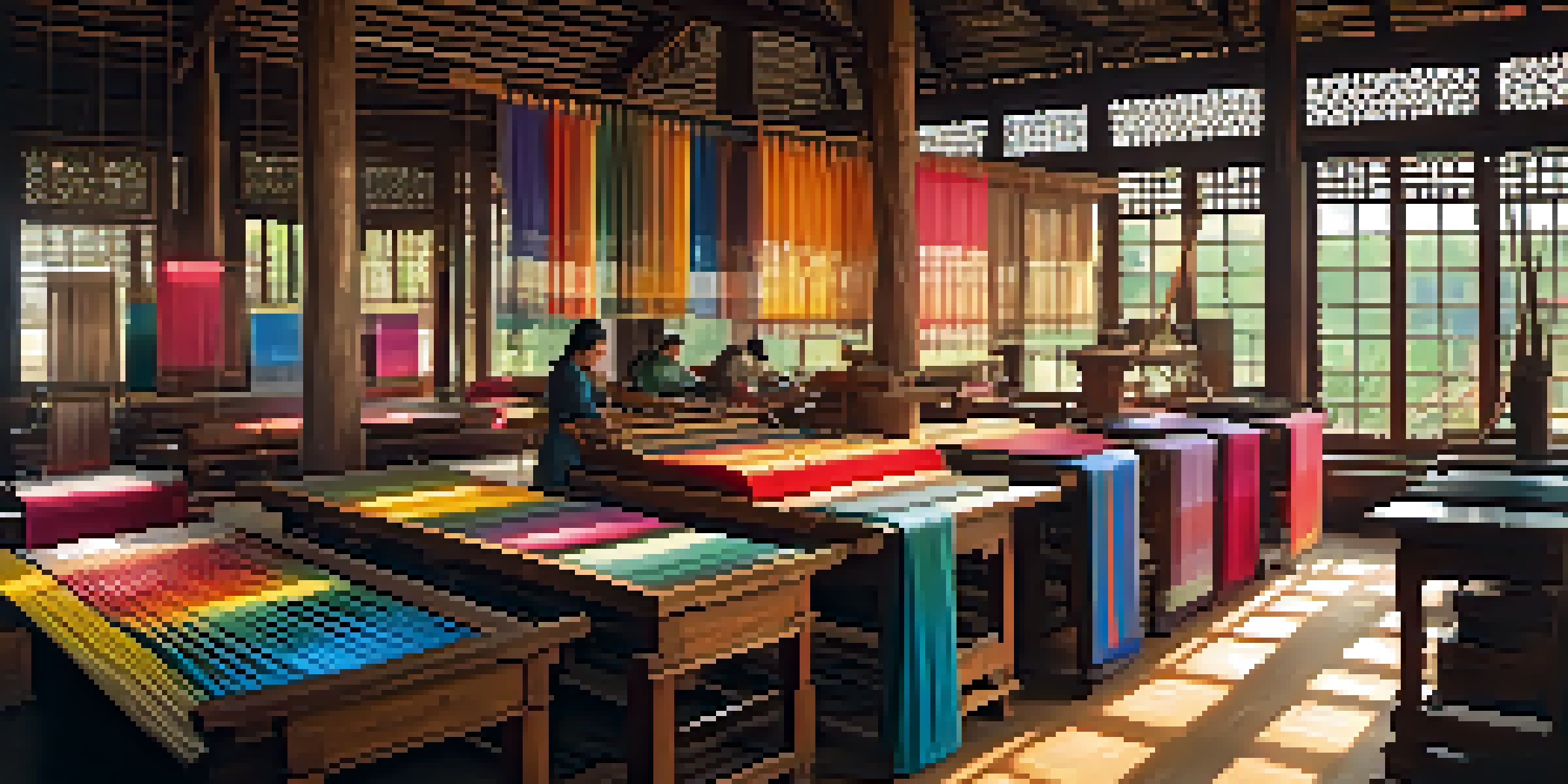 A bright workshop with artisans weaving colorful Thai silk on traditional looms, surrounded by threads and fabric patterns.