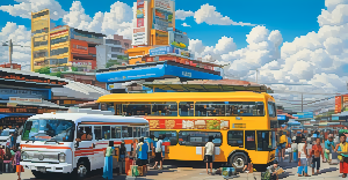 A busy Thai bus station with modern buses, local vendors, and travelers under a blue sky.