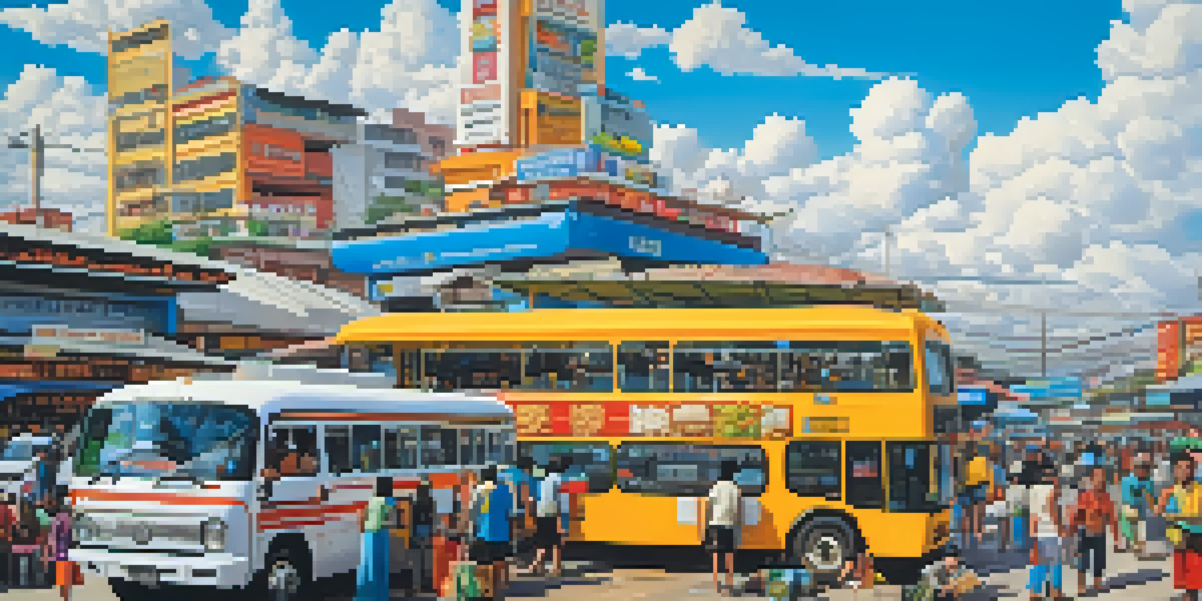 A busy Thai bus station with modern buses, local vendors, and travelers under a blue sky.