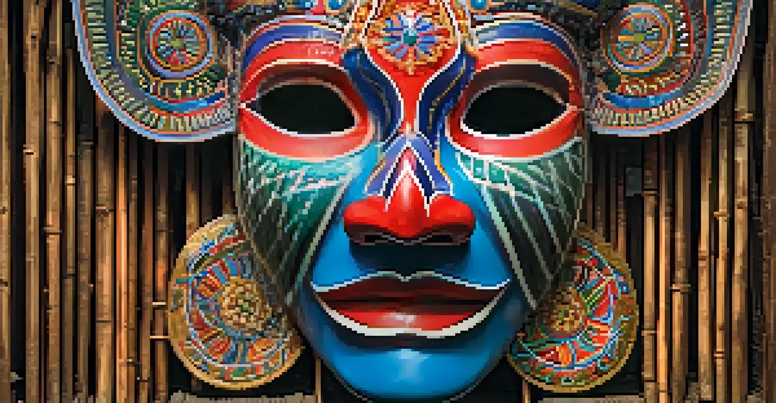 A detailed view of a colorful ghost mask from the Phi Ta Khon Festival, showcasing intricate patterns and textures.