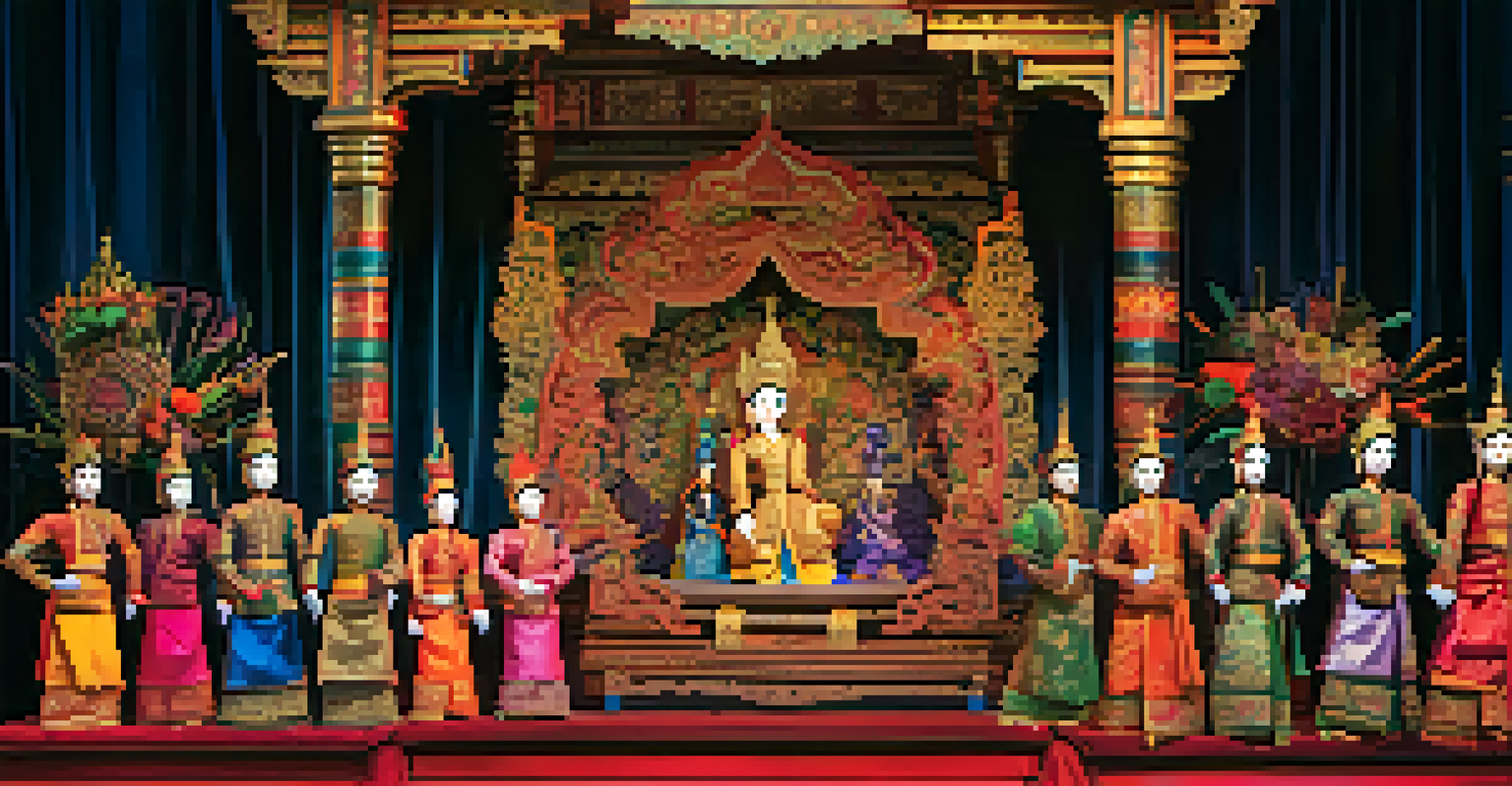 A colorful Thai puppet performance with traditional puppets and intricate art in the background.