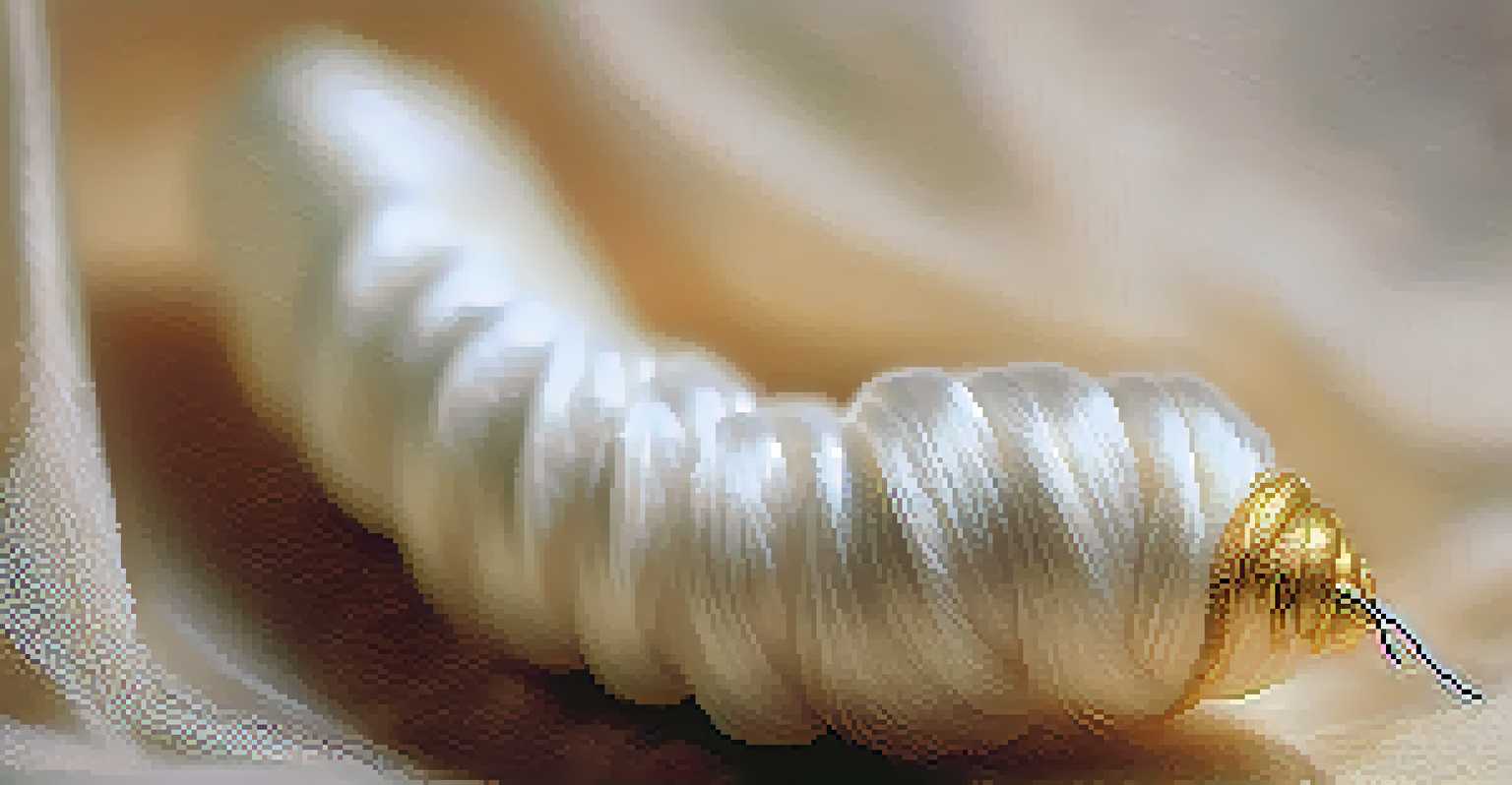 A close-up of a silkworm cocoon, showcasing delicate silk threads with a softly blurred background and warm lighting.