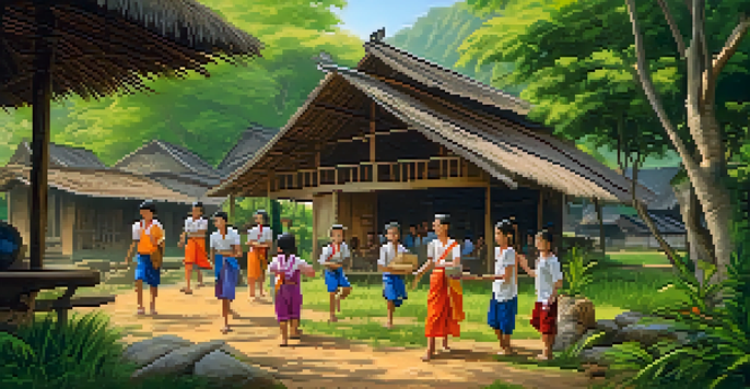 A group of international volunteers teaching English to local children in a rural Thai village, surrounded by green rice paddies and traditional houses.