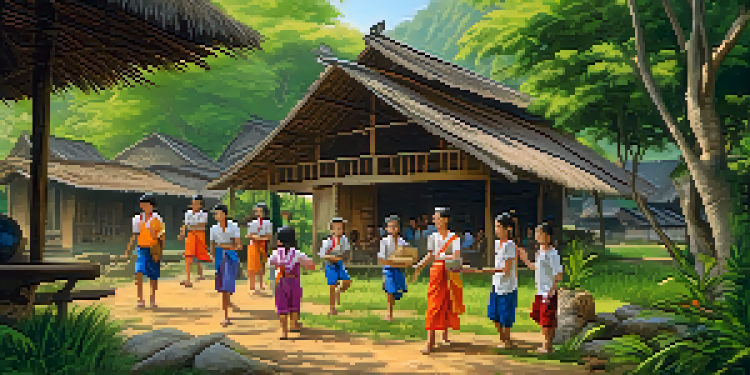 A group of international volunteers teaching English to local children in a rural Thai village, surrounded by green rice paddies and traditional houses.