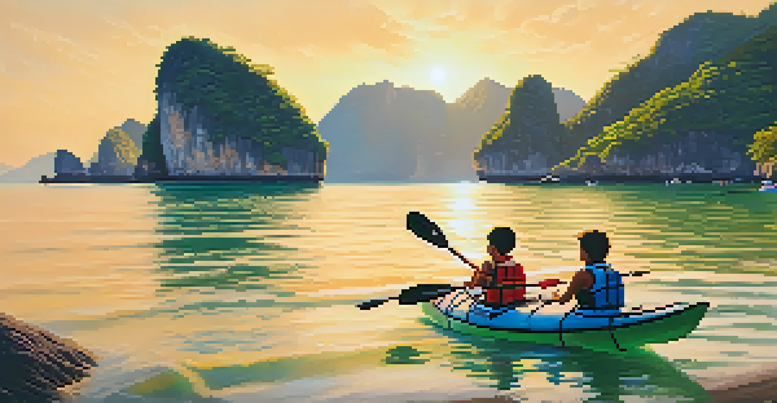 A family kayaking in the beautiful coastline of Phuket during sunset, surrounded by scenic cliffs and calm waters.
