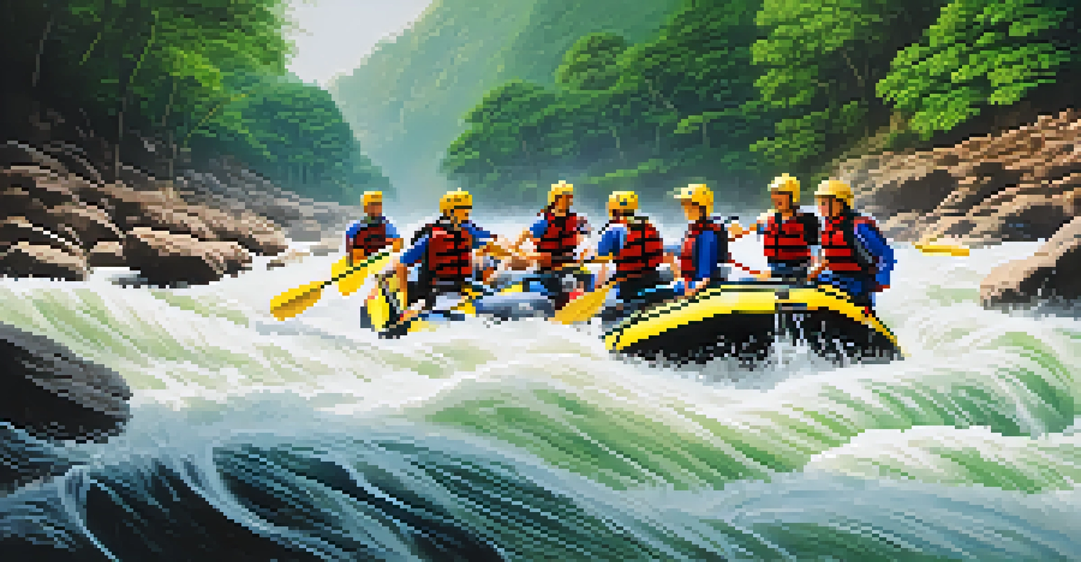 A group of people rafting through white water rapids in a lush green river in Chiang Mai, Thailand.