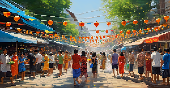 A lively street scene of the Songkran festival with people splashing water, wearing colorful traditional attire, and various food stalls in the background.