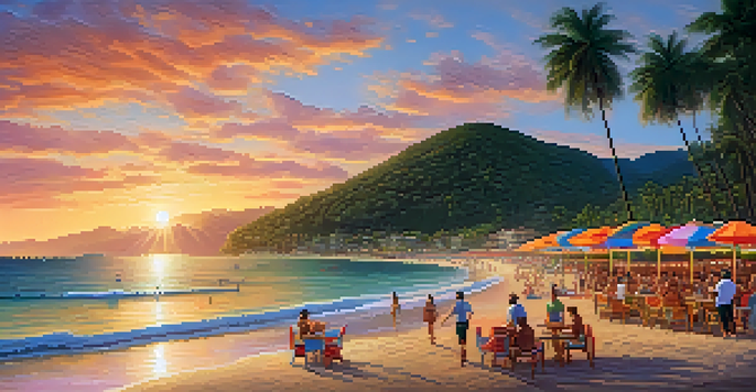 A lively Patong Beach at sunset with colorful beach bars, people dancing, and a vibrant sky reflecting orange and pink hues over the ocean.