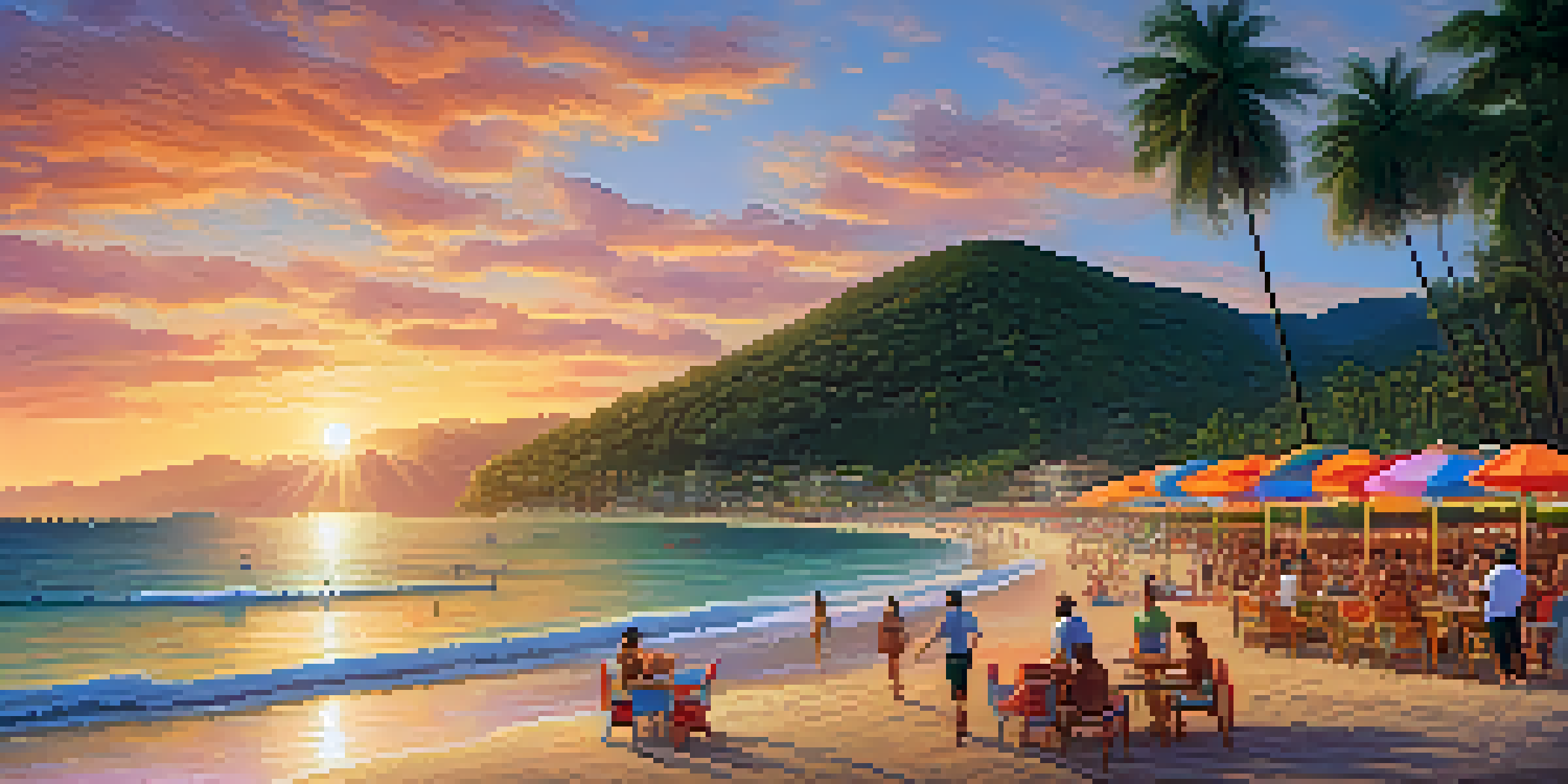 A lively Patong Beach at sunset with colorful beach bars, people dancing, and a vibrant sky reflecting orange and pink hues over the ocean.