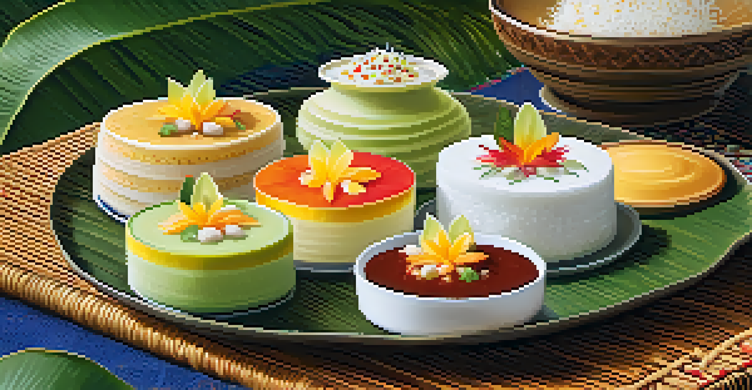 A variety of Thai desserts arranged on a woven mat with tropical fruits.