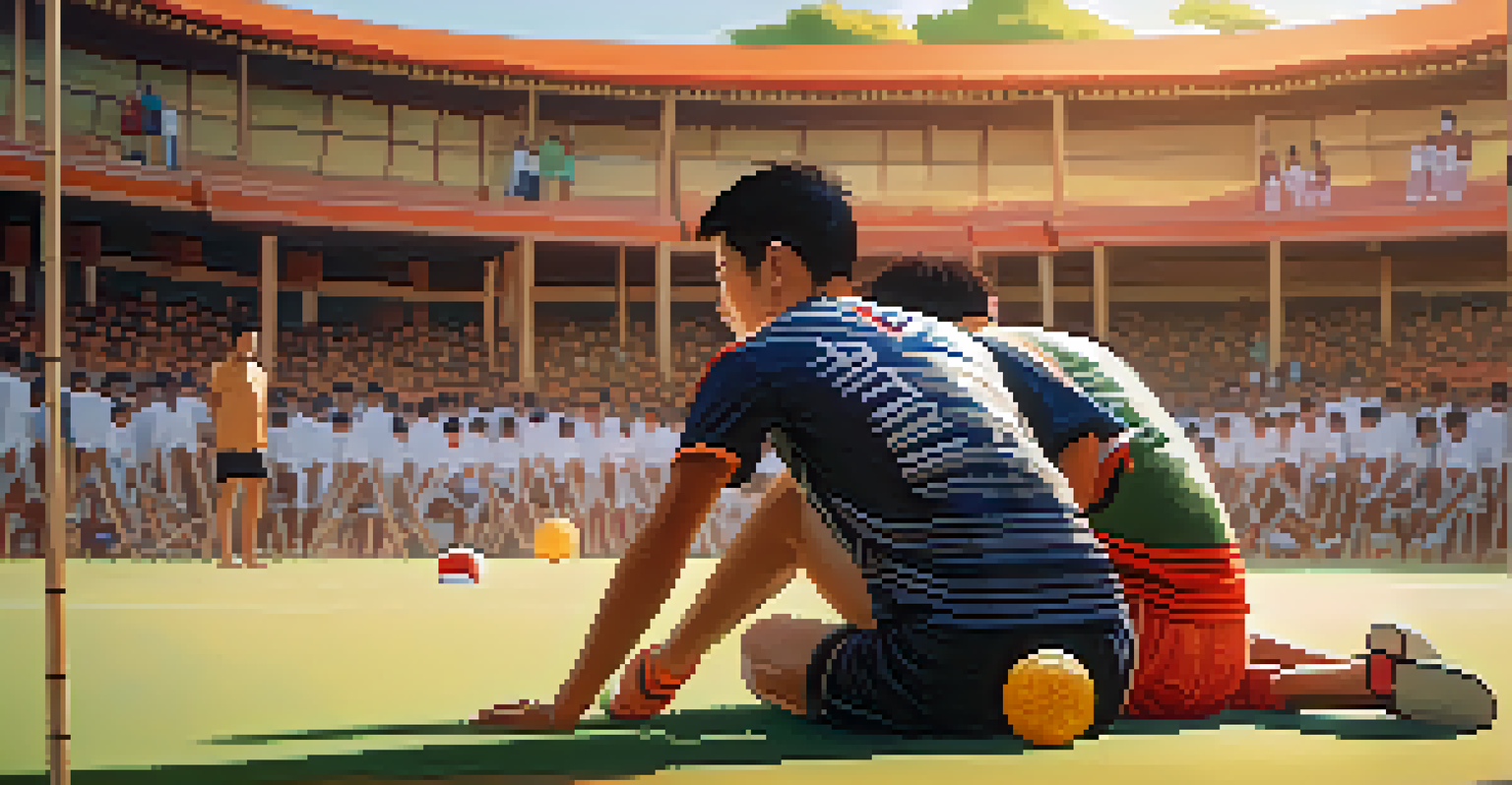 Two Takraw players bowing to each other in respect before a match on a grassy court.