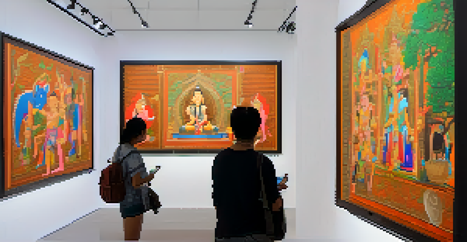 An art gallery showcasing a blend of traditional and modern Thai art with visitors interacting with the exhibits.