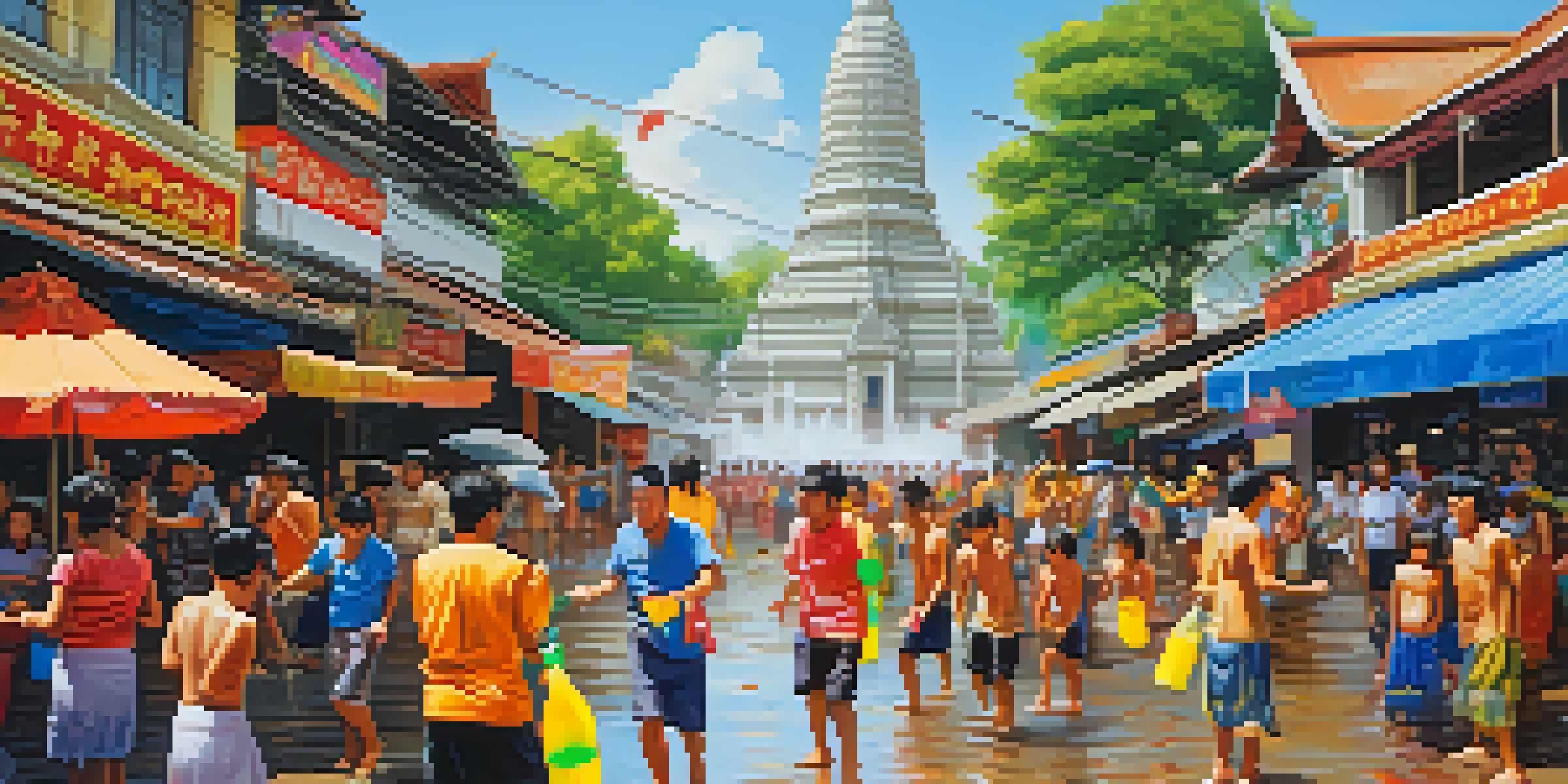A lively scene from the Songkran festival in Thailand, with people engaging in water fights and colorful decorations in the background.