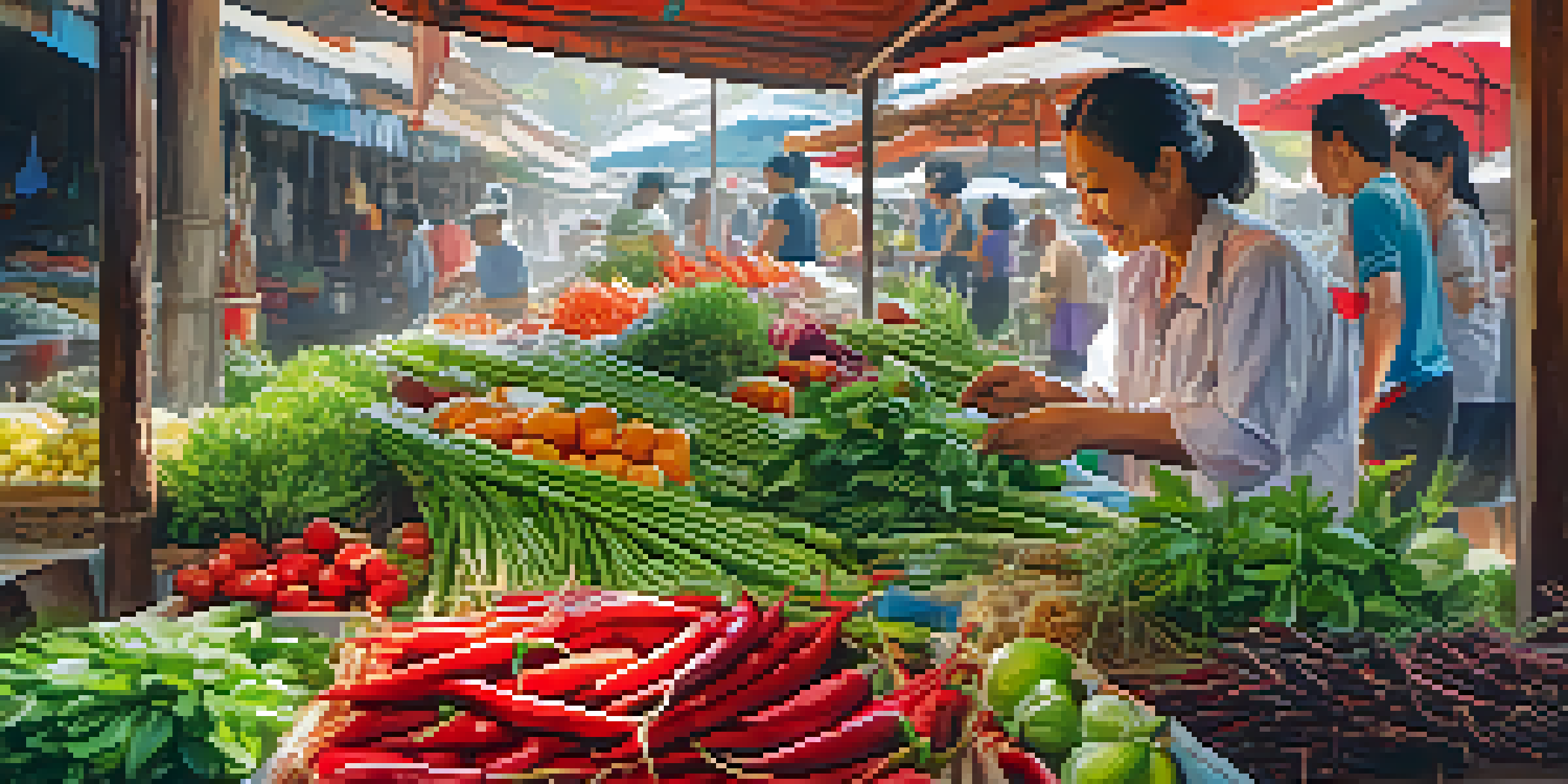 A bustling Thai market with colorful stalls and fresh produce, featuring a smiling vendor arranging herbs and vegetables under the warm sunlight.