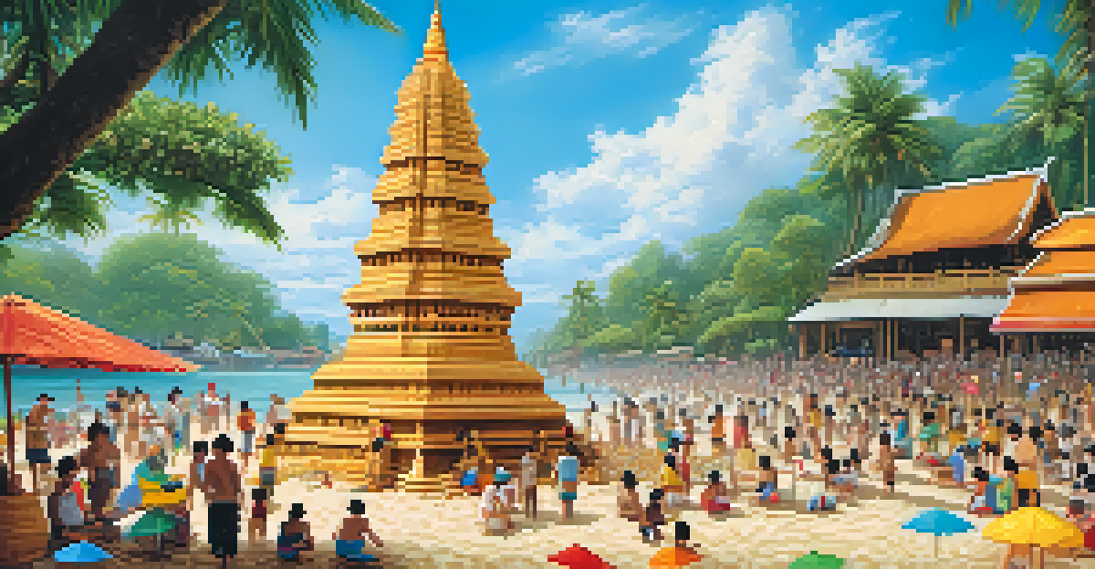 People building sand pagodas during Songkran on a beach, decorated with flowers and set against a bright blue sky.