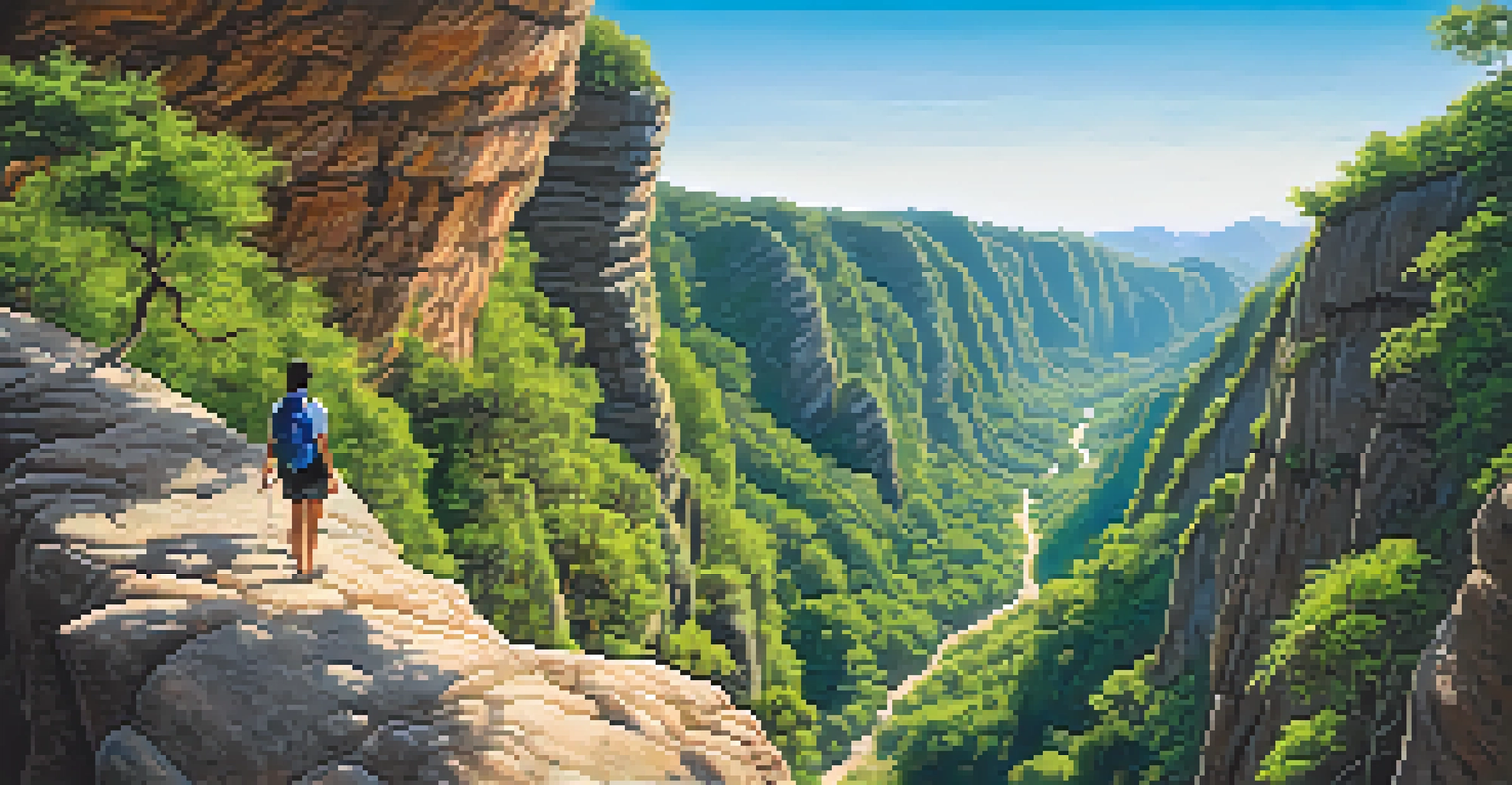 A hiker stands at Pai Canyon, surrounded by dramatic rock formations and green hills.