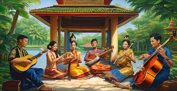 A traditional Thai music ensemble performing in an outdoor setting with musicians playing various instruments surrounded by greenery.